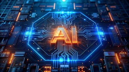 Poster - motherboard with ai chip - concept of artificial intelligence technology and microprocessor on pcb c