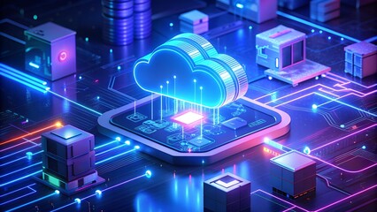 Poster - Futuristic Cloud Computing Concept - Neon-Glowing Circuit Board with Cloud Icons, Holographic Interfaces, and Connected Devices