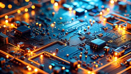 Poster - Macro Image of Processor or Graphics Card - Close-Up of Technological Device with Neon LED Lights