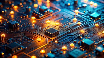 Poster - Macro Image of Processor or Graphics Card - Close-Up of Technological Device with Neon LED Lights