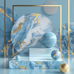 Poster - blue marble and gold abstract background with generative ai. product display podium.