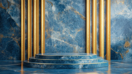 Poster - blue marble and gold background with generative ai. product display podium.