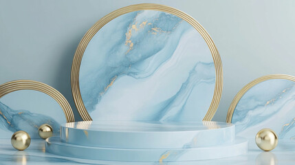 Wall Mural - Blue Marble and gold abstract background with Generative Ai. Product display podium.