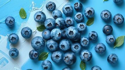 Wall Mural - Fresh Blueberries on a Blue Background with Green Leaves - Vibrant and Healthy Fruit Arrangement