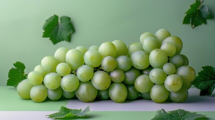 Wall Mural - Fresh Green Grapes on a Green Background with Leaves - Close-Up of Juicy and Ripe Fruit