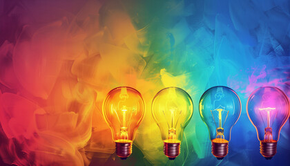 Wall Mural - A row of illuminated incandescent light bulbs against a vibrant, multicolored background, showcasing a blend of red, yellow, blue, and green hues.