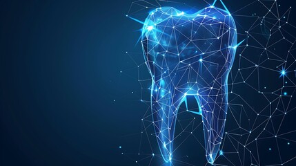 Poster - Digital art piece depicting a tooth in a blue glow, highlighting the importance of dental health. The abstract geometric design represents the complexity and interconnectedness of oral health.