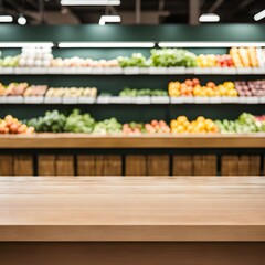 Wall Mural - Wooden table with blur background of supermarket. Generative ai