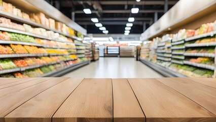 Wall Mural - Wooden table with blur background of supermarket. Generative ai