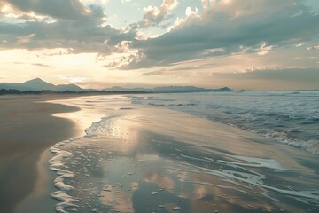 Wall Mural - Seascape Illustration of the Beach at Sunset with Clouds