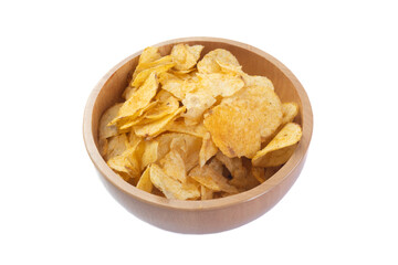 Pile of potato chips in wooden bowl isolated on white background.