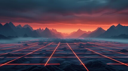 Poster - Surreal sci-fi landscape with CGI grid structures, Metallic tones, 3D render