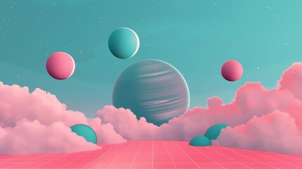 Wall Mural - Surreal sky with floating planets and CGI grid patterns, Soft pastels, Digital illustration