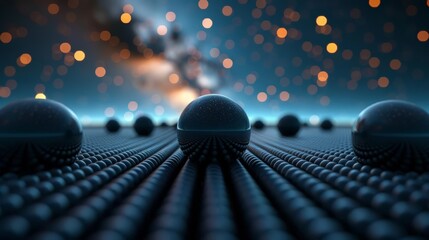 Poster - Surreal space scene with CGI grid planets, Metallic colors, Digital art