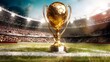 © Mina Nida - Resplendent golden football trophy commanding attention on the pitch of a lively soccer stadium fans united in over the vibrant color palette and dynamic sports graphic design