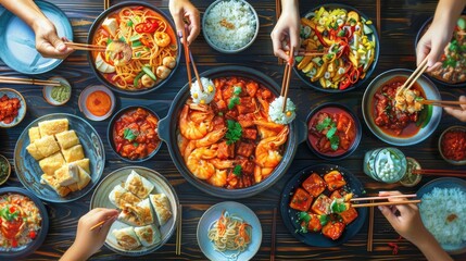 Friends sharing a variety of street food dishes at a communal table, with lively surroundings. Cartoon illustrations vectors