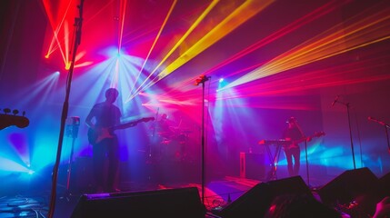 Wall Mural - A band performs energetically on stage, illuminated by colorful laser lights that enhance the electrifying atmosphere of the evening concert