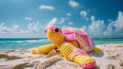 Wall Mural - there is a stuffed turtle on the beach with a pink hat