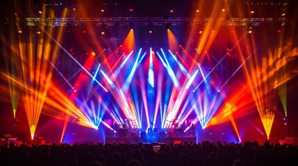 Wall Mural - Bright multicolored lights illuminate the concert stage, enhancing the electrifying atmosphere of a live music event as the audience enjoys the performance