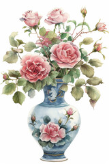 Wall Mural - there is a vase with pink roses in it on a white background