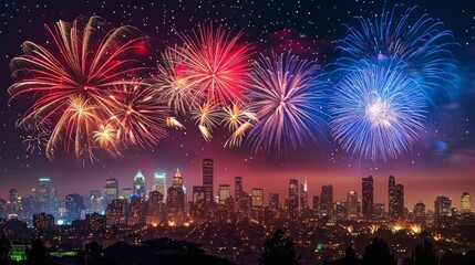 Wall Mural - Colorful fireworks burst in the night sky above a vibrant city skyline, creating a stunning display during a festive celebration