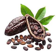 Wall Mural - Close-Up of Cacao Pods and Beans with Green Leaves in Studio Setting Isolated on White Background