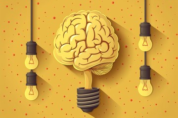 Poster - Brain lightbulb hanging with other bulbs creativity and innovation concept yellow background vector illustration