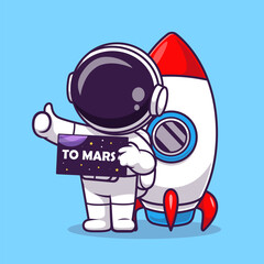 Wall Mural - cute astronaut going to mars with rocket cartoon vector icon illustration science technology icon co
