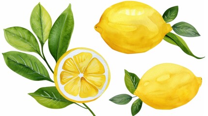 Wall Mural - A vibrant lemon watercolor illustration featuring bright hues and delicate brush strokes, perfect for any design or decor.