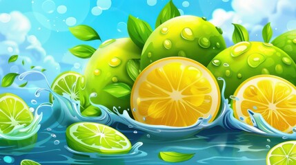 Sticker - Bright and zesty, this illustration captures lemons and limes bursting with freshness in a splash of water. Perfect for summer vibes