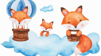 Sticker - Delight in the serene scene of a fox and her kit floating in a hot air balloon, crafted in stunning watercolor tones.