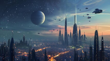 Poster - A futuristic city on a distant planet with tall buildings and flying vehicles against a starry sky