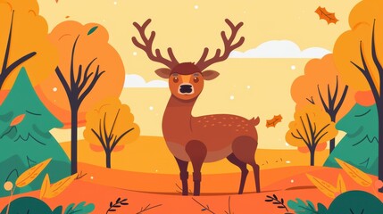 Wall Mural - A charming winter scene featuring a deer among the trees, ideal for festive greeting cards and holiday cheer.