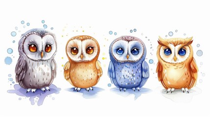 Canvas Print - Adorable aquarelle owls in a playful style, perfect for kids rooms or as fun art prints for all ages.