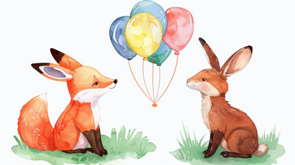 Sticker - A whimsical watercolor painting featuring a fox and a rabbit, both holding vibrant balloons, perfect for childrens decor.