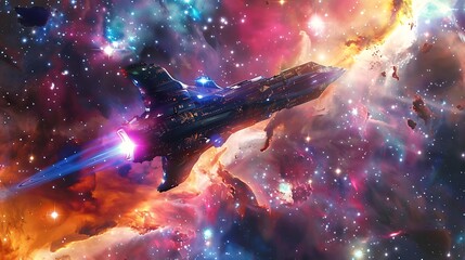 Poster - A futuristic spaceship traveling through a colorful nebula with bright stars scattered around