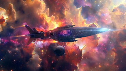 Poster - A futuristic spaceship traveling through a colorful nebula with bright stars scattered around