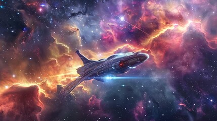 Poster - A futuristic spaceship traveling through a colorful nebula with bright stars scattered around