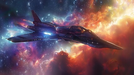 Poster - A futuristic spaceship traveling through a colorful nebula with bright stars scattered around