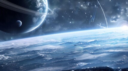 Poster - A planet with a ring system and multiple moons visible from the window of a spaceship