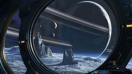 Poster - A planet with a ring system and multiple moons visible from the window of a spaceship
