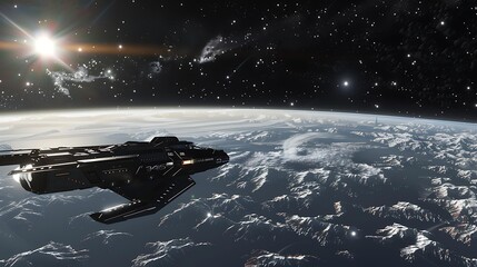 Poster - A space station orbiting a distant planet with a view of a star cluster in the background