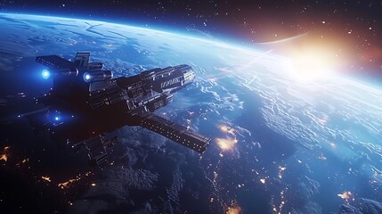 Poster - A space station orbiting a distant planet with a view of a star cluster in the background