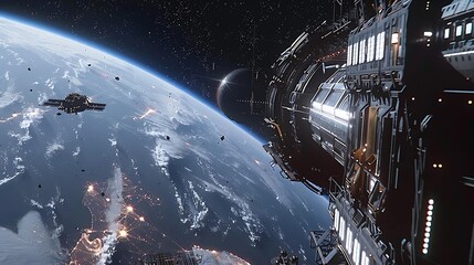 Poster - A space station orbiting a distant planet with a view of a star cluster in the background