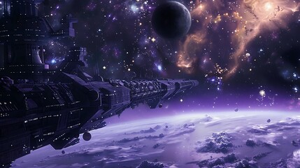 Poster - A space station orbiting a distant planet with a view of a star cluster in the background