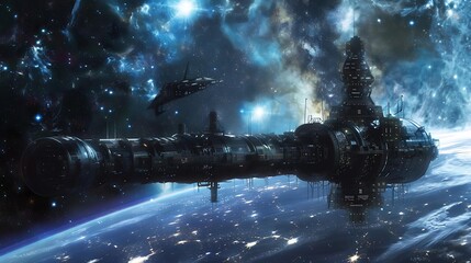 Poster - A space station orbiting a distant planet with a view of a star cluster in the background