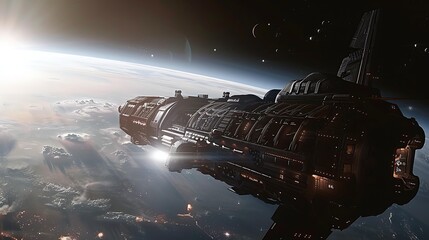 Poster - A space station orbiting a distant planet with a view of a star cluster in the background
