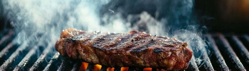 Wall Mural - Succulent Grilled Steak with Smoke - Delicious BBQ Food Concept