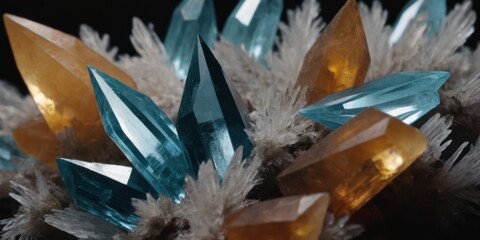 Wall Mural - Crystals on black background, abstract backdrop.