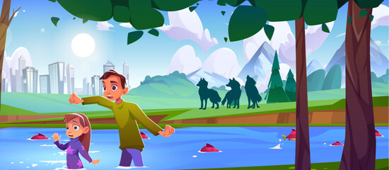 Wall Mural - Scared children standing in river water near wild wolves. Cartoon vector illustration of teen boy and kid girl walk in forest or park outside city and encounter danger wild animals on summer day.